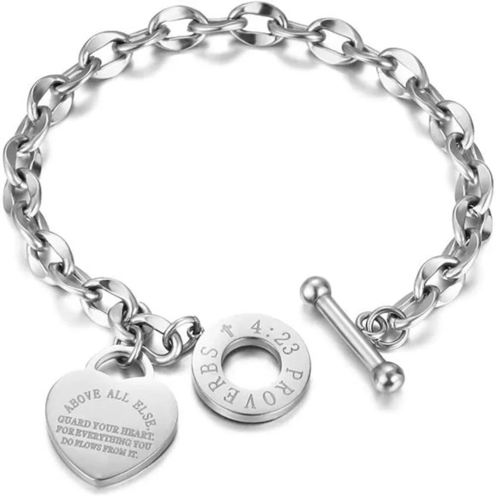 Women's Heart Charm Bracelet Bible Verse Bracelet Stainless Steel